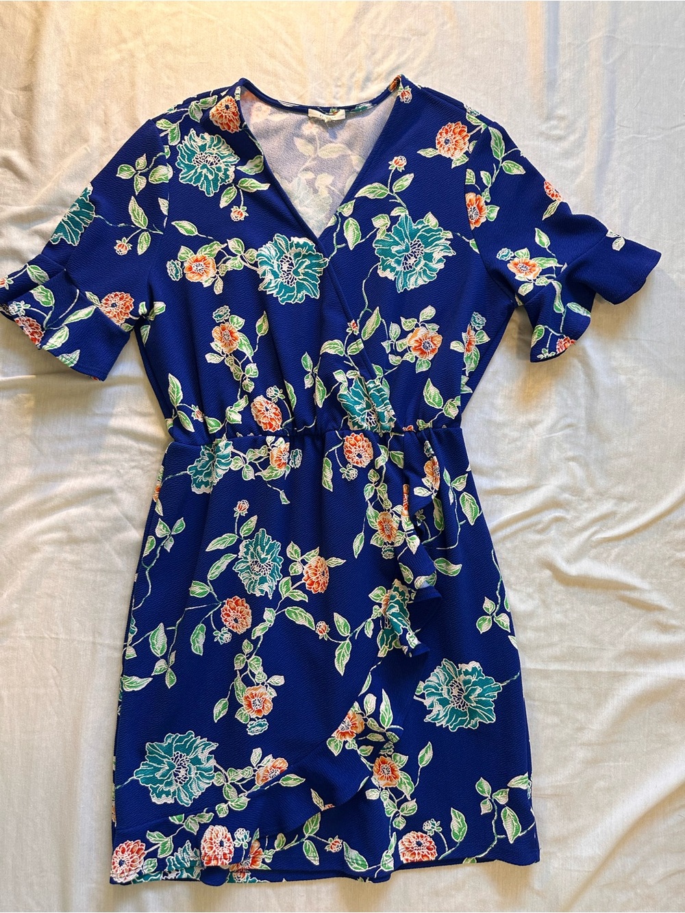 Pleione Royal Blue Floral Faux-Wrap Mini Dress